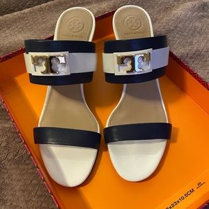 New Navy and White Tory Burch Wedge Sandal Size 8
